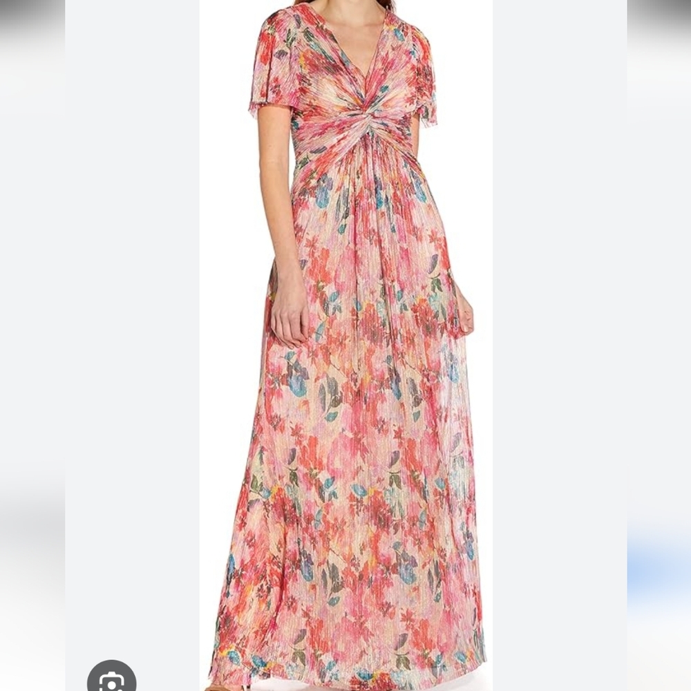 Adrianna Papell $229 Metallic Floral Print Pleated Twist V Neck Flutter Sleeve
